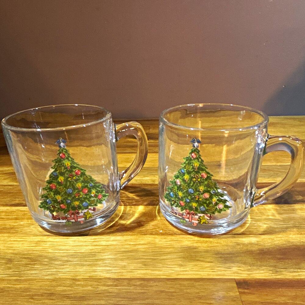 Set of 2 Vintage Luminarc Christmas Tree Clear Glass Coffee Mugs 10oz France